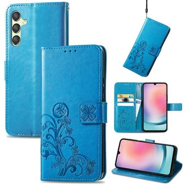 Peňaženkové kožené puzdro Four-leaf Clasp na Samsung Galaxy A25 5G - Modrá