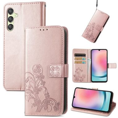 Peňaženkové kožené puzdro Four-leaf Clasp na Samsung Galaxy A25 5G - Rose Gold