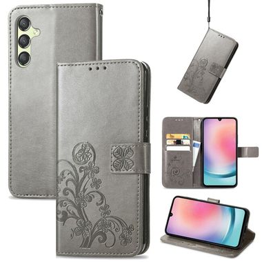 Peňaženkové kožené puzdro Four-leaf Clasp na Samsung Galaxy A25 5G - Šedá