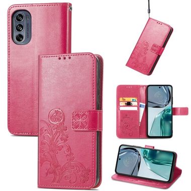 Peňaženkové kožené puzdro FOUR-LEAF na Motorola Moto G62 5G – Ružovočervená