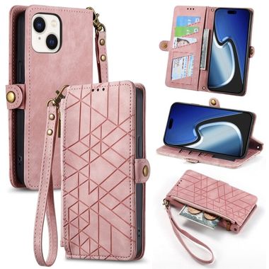 Peňaženkové kožené puzdro Geometric na iPhone 15 Plus - Ružová