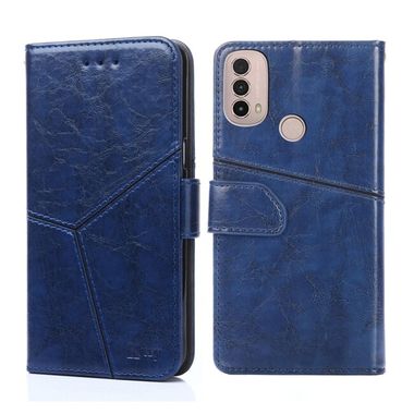 Peňaženkové kožené puzdro Geometric Stitching na Motorola Moto E20 / E30 / E40 - Modrá
