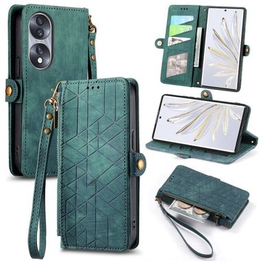Peňaženkové kožené puzdro Geometric Zipper na Honor 70 - Zelená