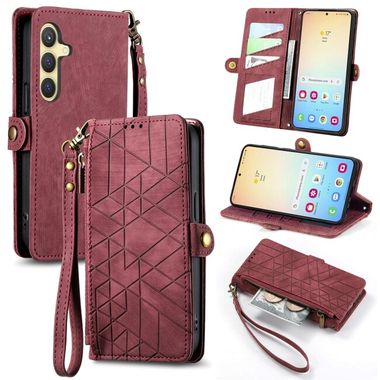 Peňaženkové kožené puzdro Geometric Zipper na Samsung Galaxy S24 Plus 5G - Červená