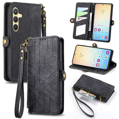 Peňaženkové kožené puzdro Geometric Zipper na Samsung Galaxy S24 Plus 5G - Čierna