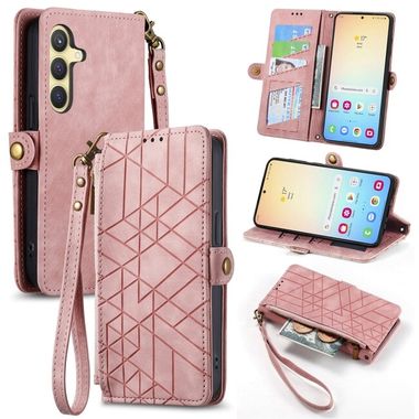 Peňaženkové kožené puzdro Geometric Zipper na Samsung Galaxy S24 Plus 5G - Ružová