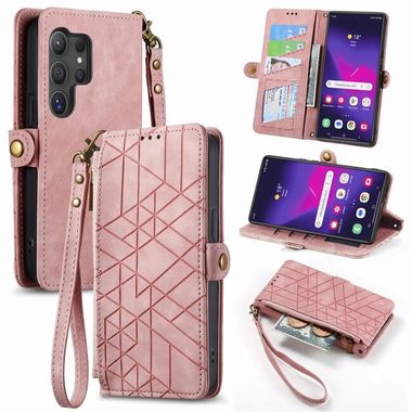 Peňaženkové kožené puzdro Geometric Zipper na Samsung Galaxy S24 Ultra 5G - Ružová