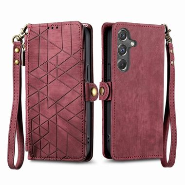 Peňaženkové kožené puzdro Geometric Zipper Wallet na Galaxy A15 4G/ 5G - Červená
