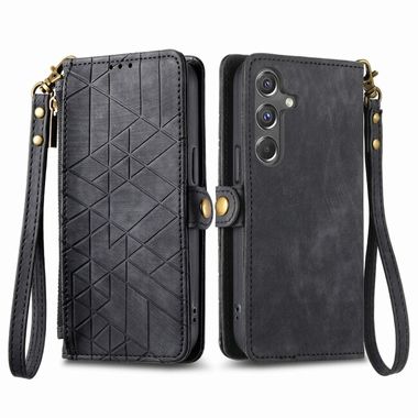 Peňaženkové kožené puzdro Geometric Zipper Wallet na Galaxy A15 4G/ 5G - Čierna