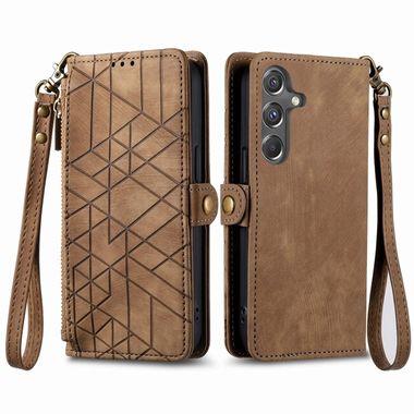 Peňaženkové kožené puzdro Geometric Zipper Wallet na Galaxy A15 4G/ 5G - Hnedá