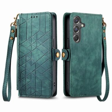 Peňaženkové kožené puzdro Geometric Zipper Wallet na Galaxy A15 4G/ 5G - Zelená