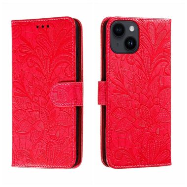 Peňaženkové kožené puzdro LACE FLOWER na iPhone 15 Plus - Červená