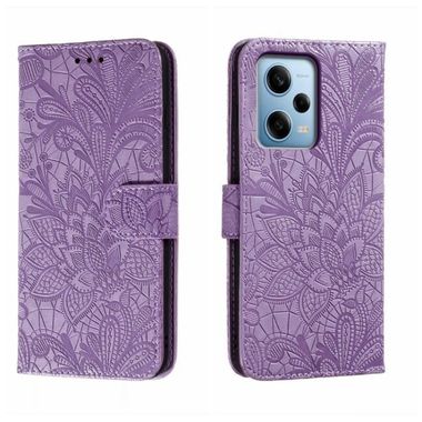 Peňaženkové kožené puzdro Lace Flower na Xiaomi Redmi Note 12 Pro 5G – Fialová