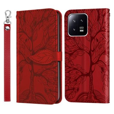 Peňaženkové kožené puzdro LIFE TREE na Xiaomi 13 – Červená