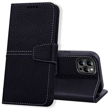 Peňaženkové kožené puzdro LITCHI na iPhone 14 Pro - Čierna