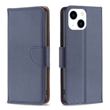 Peňaženkové kožené puzdro LITCHI na iPhone 15 - Modrá