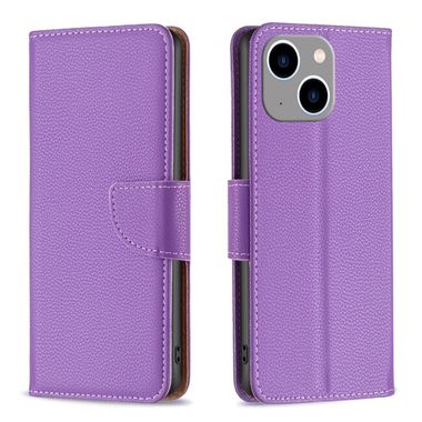 Peňaženkové kožené puzdro LITCHI na iPhone 15 Plus - Fialová