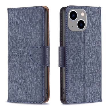 Peňaženkové kožené puzdro LITCHI na iPhone 15 Plus - Modrá