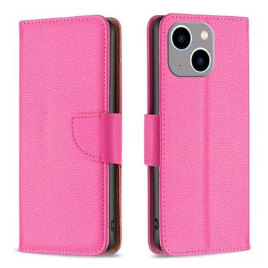 Peňaženkové kožené puzdro LITCHI na iPhone 15 Plus - Ružovo červená