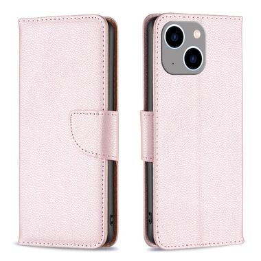 Peňaženkové kožené puzdro LITCHI na iPhone 15 Plus - Ružovozlatá