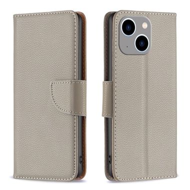Peňaženkové kožené puzdro LITCHI na iPhone 15 Plus - Sivá