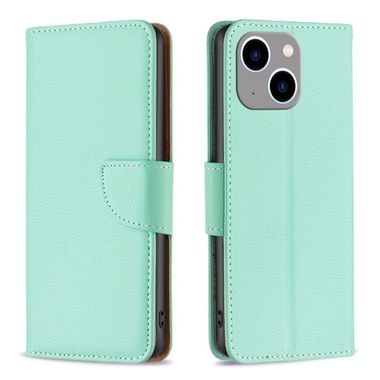 Peňaženkové kožené puzdro LITCHI na iPhone 15 Plus - Zelená