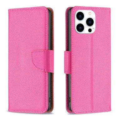 Peňaženkové kožené puzdro LITCHI na iPhone 15 Pro - Ružovo červená