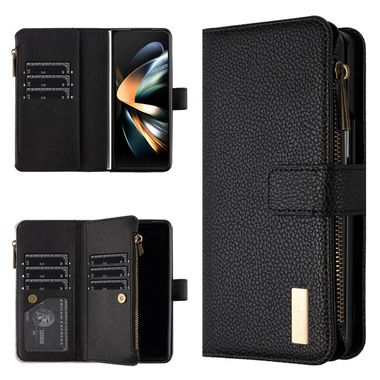 Peňaženkové kožené puzdro Litchi na Samsung Galaxy Z Fold4 - Čierna