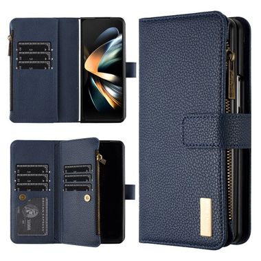 Peňaženkové kožené puzdro Litchi na Samsung Galaxy Z Fold5 - Modrá