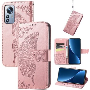 Peňaženkové kožené puzdro Love Flower na Xiaomi 12 Pro - Ružové zlato