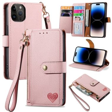 Peňaženkové kožené puzdro Love na iPhone 15 Pro - Ružová