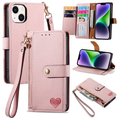 Peňaženkové kožené puzdro Love na iPhone 15 - Ružová