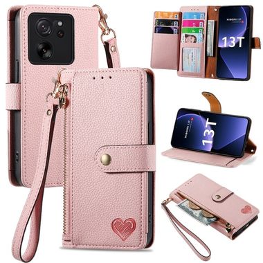 Peňaženkové kožené puzdro Love na Xiaomi 13T / 13T Pro - Ružová