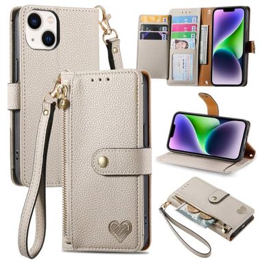 Peňaženkové kožené puzdro Love Zipper na iPhone 15 Plus - Sivá