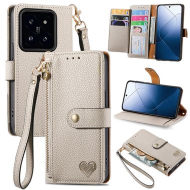 Peňaženkové kožené puzdro Love Zipper na Xiaomi 14 - Biela