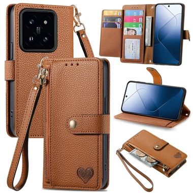Peňaženkové kožené puzdro Love Zipper na Xiaomi 14 - Hnedá