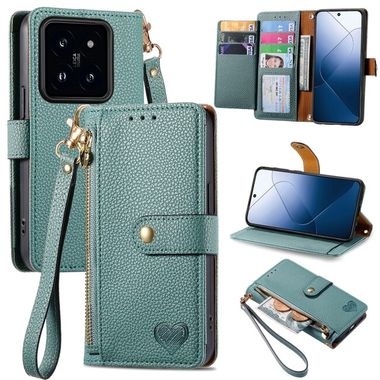 Peňaženkové kožené puzdro Love Zipper na Xiaomi 14 - Zelená