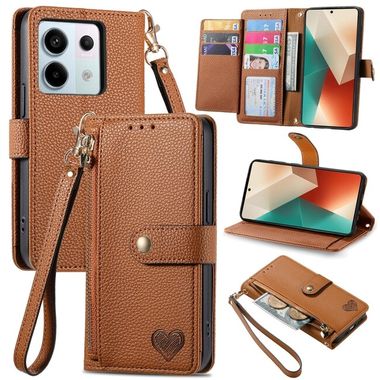Peňaženkové kožené puzdro Love Zipper na Xiaomi Redmi Note 13 Pro - Hnedá