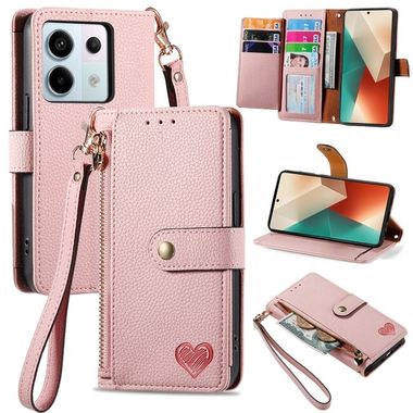 Peňaženkové kožené puzdro Love Zipper na Xiaomi Redmi Note 13 Pro - Ružová