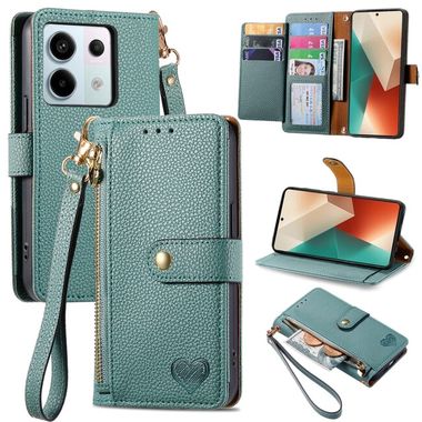 Peňaženkové kožené puzdro Love Zipper na Xiaomi Redmi Note 13 Pro - Zelená