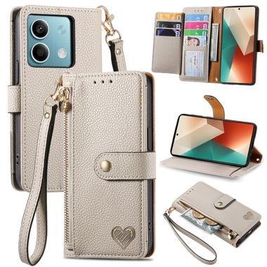 Peňaženkové kožené puzdro Love Zipper na Xiaomi Redmi Note 13 - Sivá