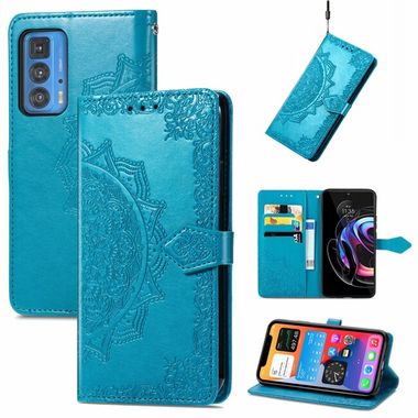 Peňaženkové kožené puzdro Mandala na Motorola Edge 20 Pro - Modrá