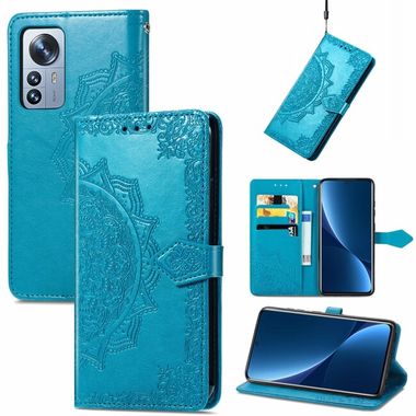 Peňaženkové kožené puzdro Mandala na Xiaomi 12 Pro - Modrá