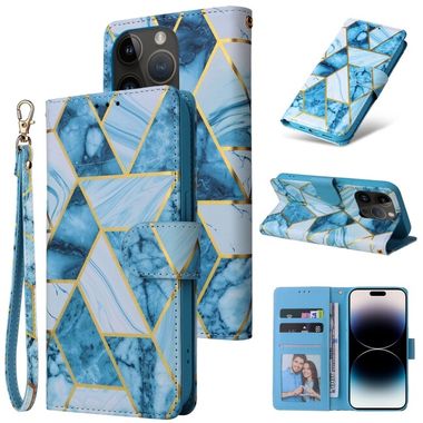 Peňaženkové kožené puzdro MARBLE na iPhone 14 Pro - Modrá