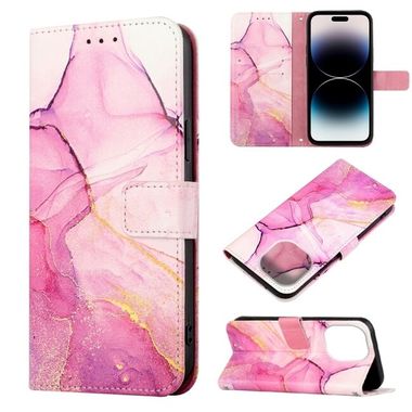 Peňaženkové kožené puzdro MARBLE na iPhone 14 Pro - Ružovofialovozlatá