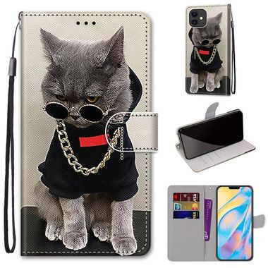 Peňaženkové kožené puzdro na iPhone 12 Mini - B09 Golden Chain Grey Cat