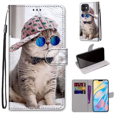Peňaženkové kožené puzdro na iPhone 12 Mini - Slant Hat Blue Mirror Cat