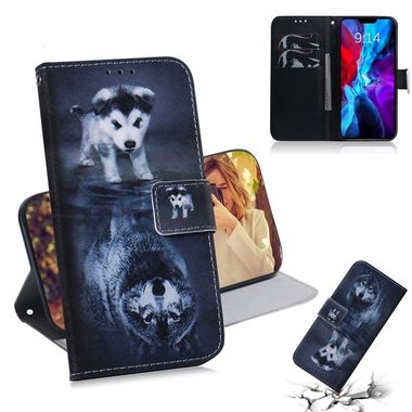 Peňaženkové kožené puzdro na iPhone 12 Mini - Wolf and Dog