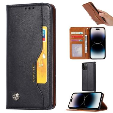 Peňaženkové kožené puzdro na iPhone 14 Pro - Čierna