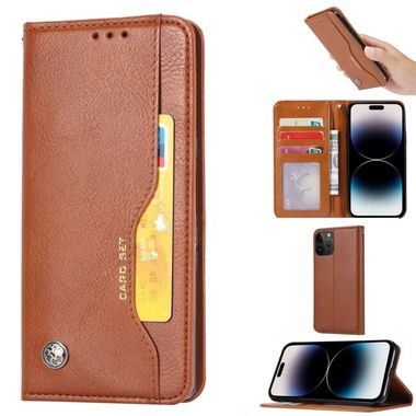Peňaženkové kožené puzdro na iPhone 14 Pro - Hnedá